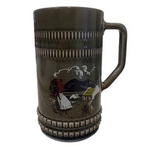 Vintage Irish Porcelain Beer Stein  Painted Ireland Scene Olive Green 
Blue 6.5"